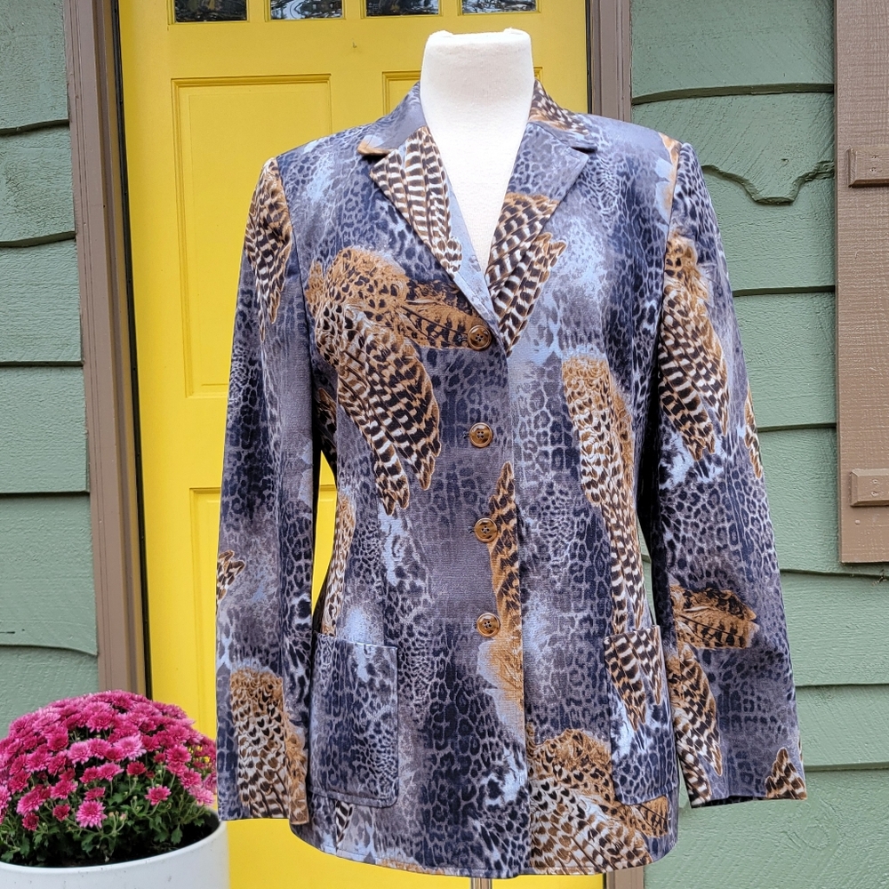 Basler Jeans Animal & Feather Print Blazer Made in Portugal Size 38